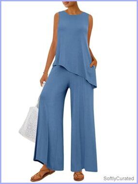 Two Piece Lounge Set Asymmetrical Split Tank Top Wide Leg Pants Tracksuit